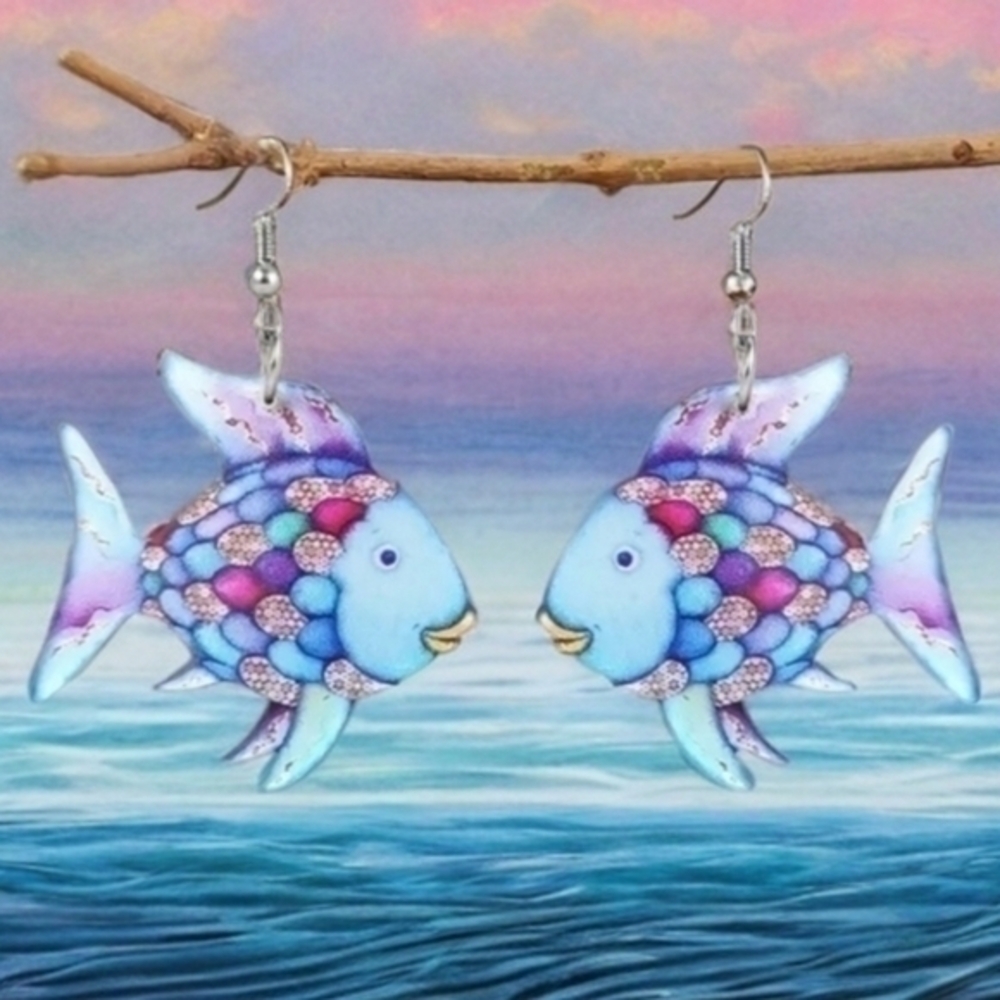 MODCLOTH ACRYLIC IRRIDESCENT RAINBOW FISH EARRINGS